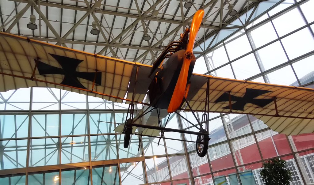 The German Rumpler Taube hangs from the ceiling at the Seattle Museum of flight. This is one of the aircraft from the Champlin Collection; this is also one of the examples discussed in the presentation.