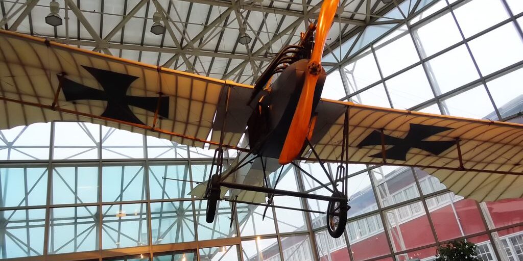 The German Rumpler Taube hangs from the ceiling at the Seattle Museum of flight. This is one of the aircraft from the Champlin Collection; this is also one of the examples discussed in the presentation.